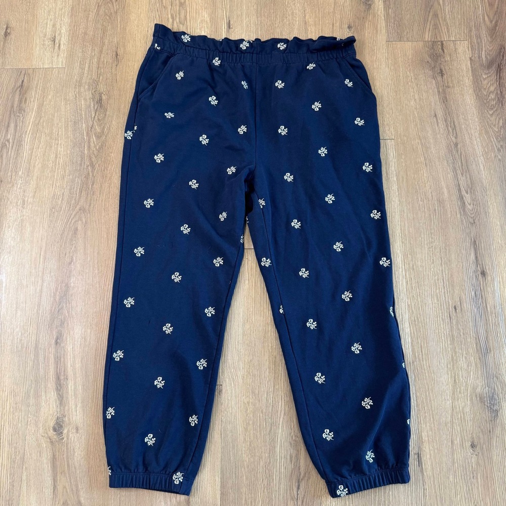 Draper James Bobbie Embroidered Sweat Pants Nassau Navy Paper Bag Waist XL